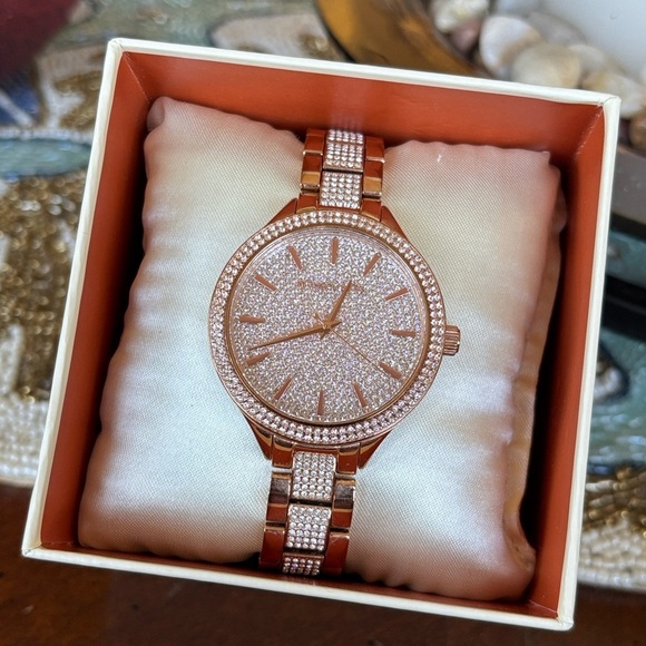 Michael Kors Pave Crystal Rose Gold Tone Watch Slim Runway Sparky Mid-Sized main image 8